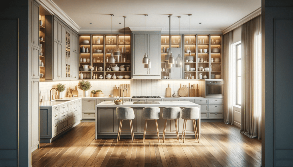 A beautiful, well-lit image of a newly renovated kitchen, showcasing contemporary design trends. The kitchen should feature sleek cabinetry with a mix