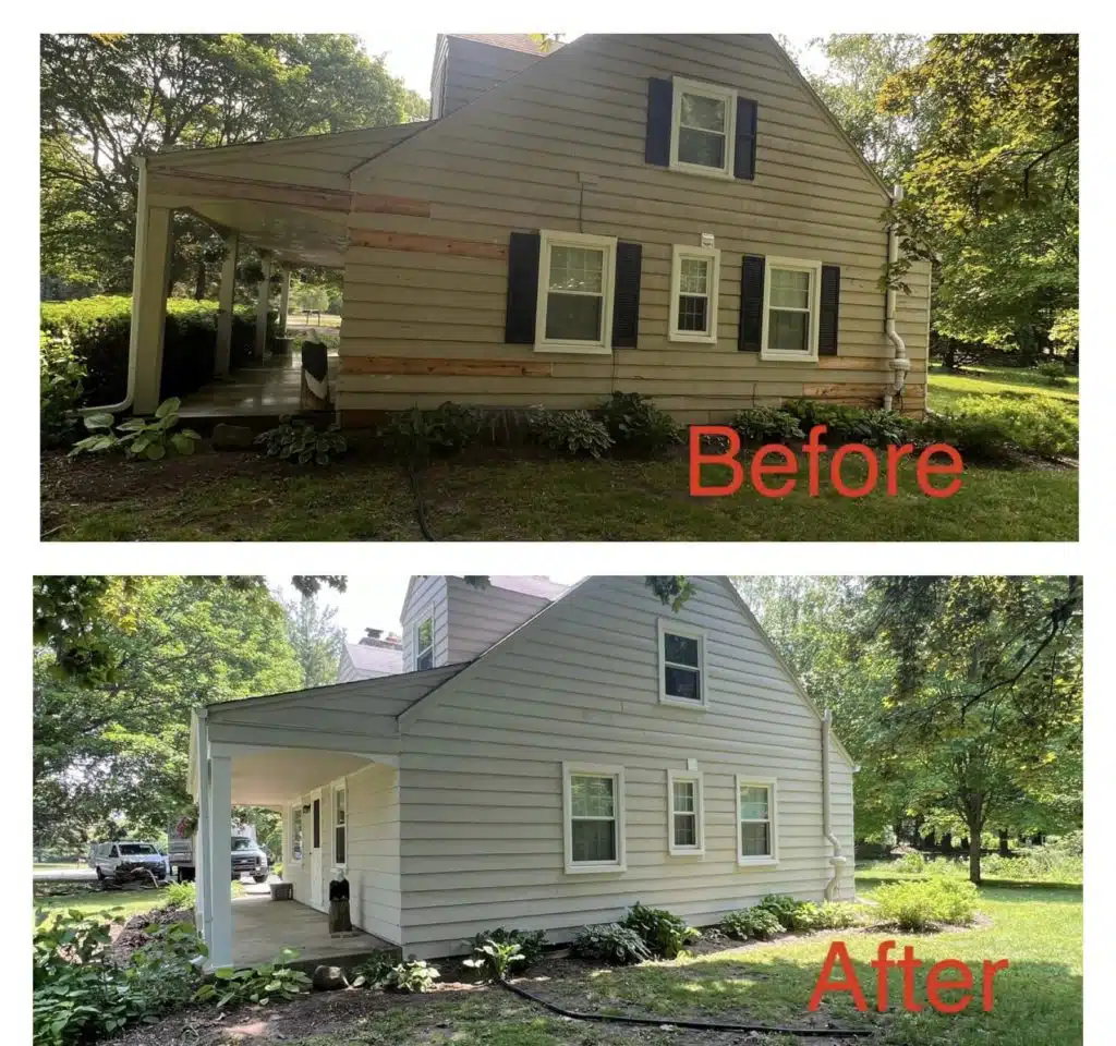 Fiber cement and vinyl siding samples side-by-side on a Waukesha County home exterior in winter light