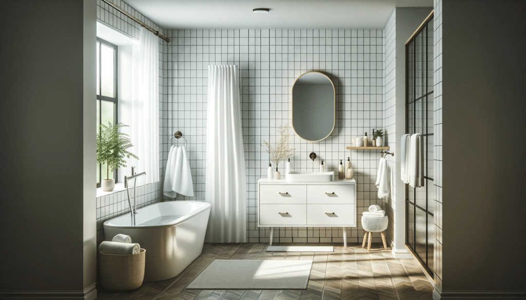 A modern yet budget-friendly bathroom that incorporates clever remodeling ideas. The bathroom should have a clean and bright aesthetic, featuring a st