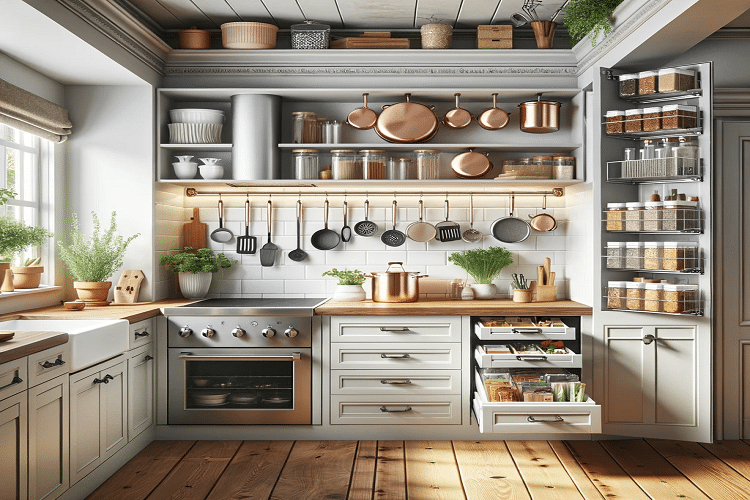 An image of a bright, modern kitchen with various smart storage solutions in use. Features include a ceiling-mounted hanging pot rack with copper pots