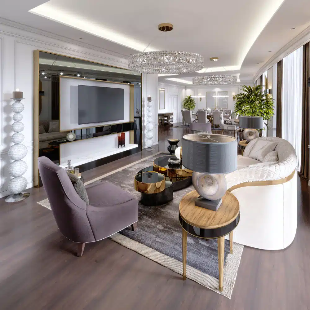 luxury-apartments-hotel-with-living-room-dining-room-sofa-bed-tv-stand-dining-table-classic-interior-with-white-walls-3d-rendering