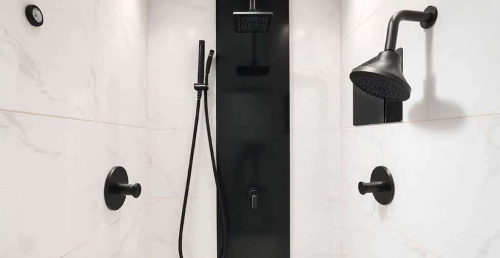 Black Fixtures with White Marble Tiles