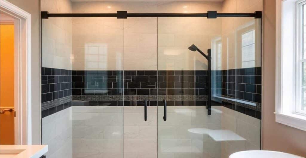 Glass Wall Enclosure with Black Tile Accents