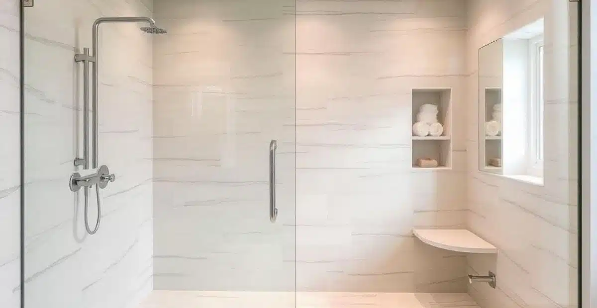 Modern walk-in shower with rain head, hand shower, and thermostatic plumbing fixtures in a Wisconsin bathroom remodel
