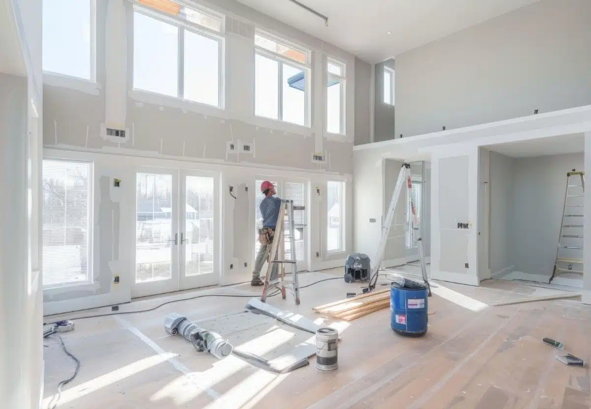 Contractor working on ladder inside a large open home addition under construction in Wisconsin, with unfinished drywall, French doors, and construction material