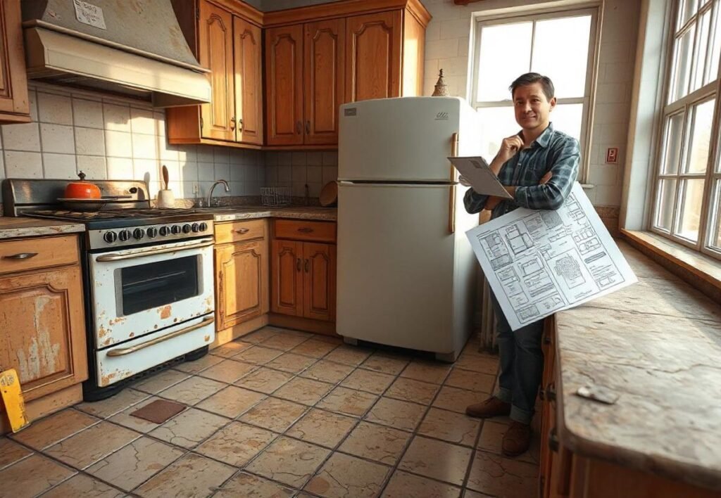 A person standing on a Worn-out flooring in kitchen 