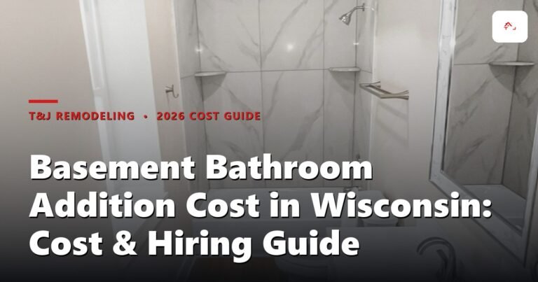 Finished 3/4 basement bathroom with tiled walk-in shower, vanity, and tile flooring in a Waukesha County home