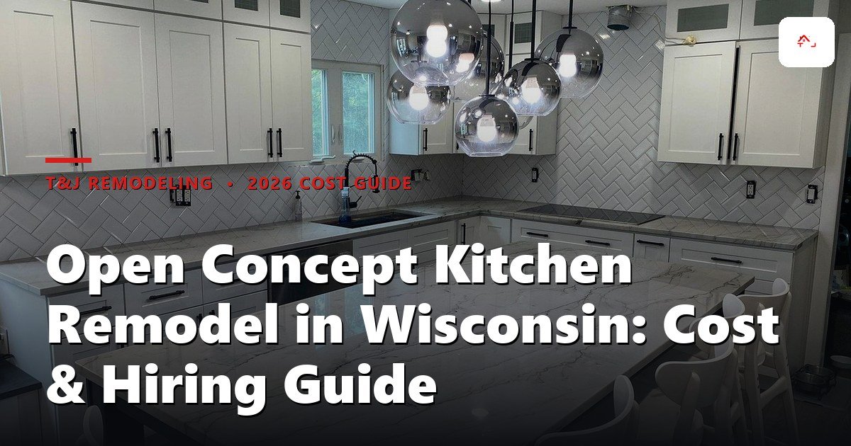Open concept kitchen with island and LVL beam header in a Waukesha County home