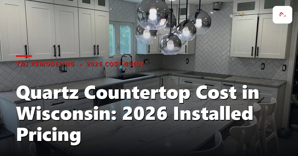 Installed quartz countertop in a Brookfield, Wisconsin kitchen with a waterfall edge and undermount sink, edge profile detail visible