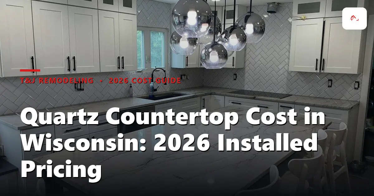 Installed quartz countertop in a Brookfield, Wisconsin kitchen with a waterfall edge and undermount sink, edge profile detail visible