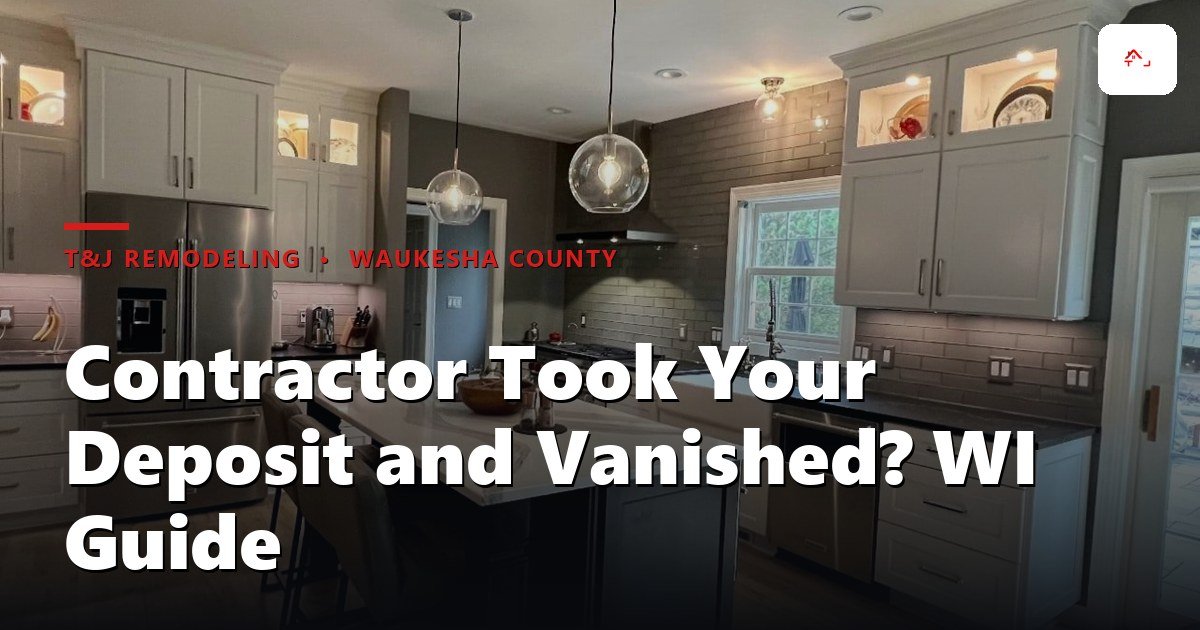 Frustrated Wisconsin homeowner holding a deposit receipt while standing in front of an abandoned, unfinished kitchen remodel with exposed framing and scattered