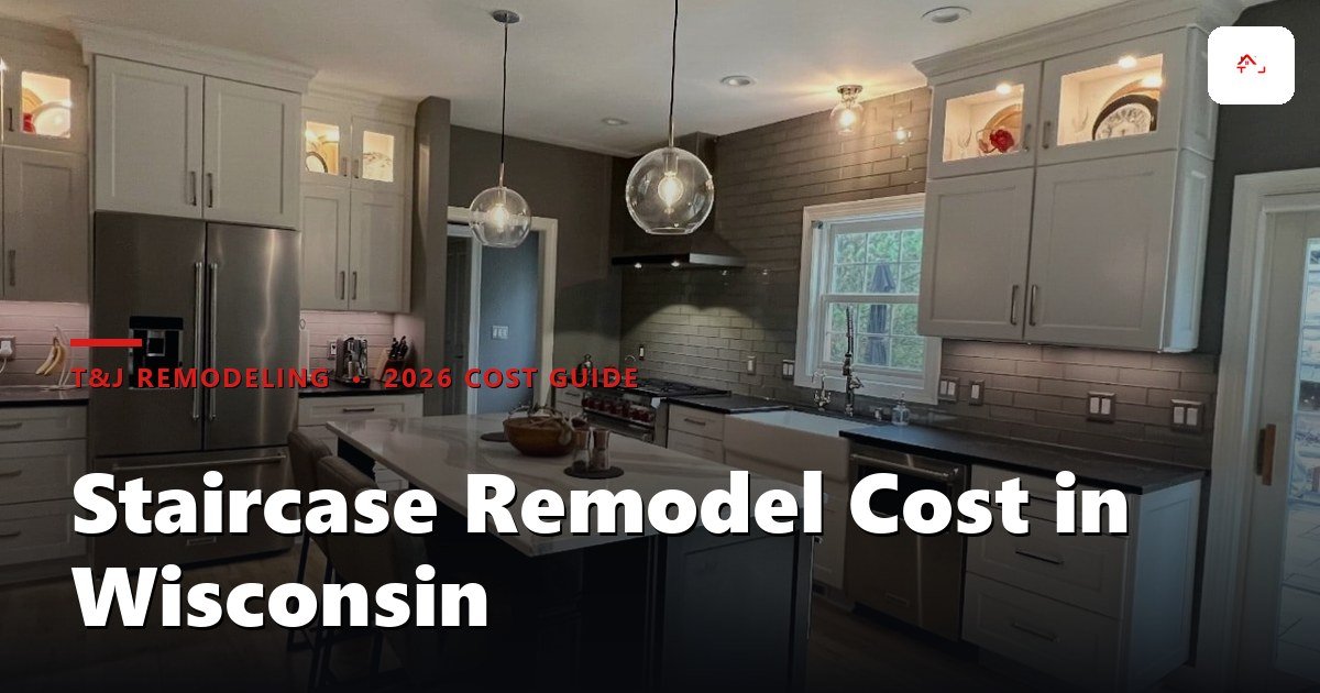 Refinished hardwood staircase with new railing in a Waukesha County home