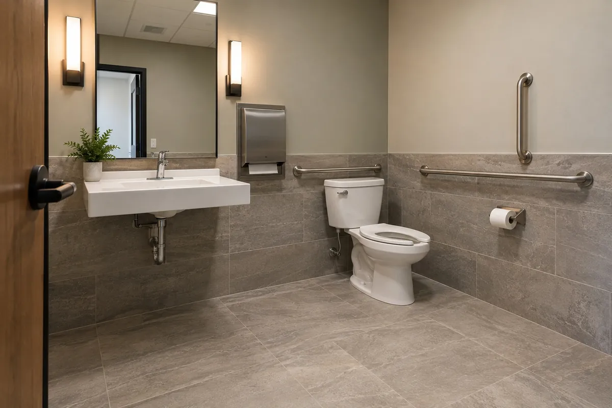 Remodelled single occupancy accessible restroom with a wall hung sink and knee clearance, grab bars beside and behind the toilet and porcelain tile floor and wainscot