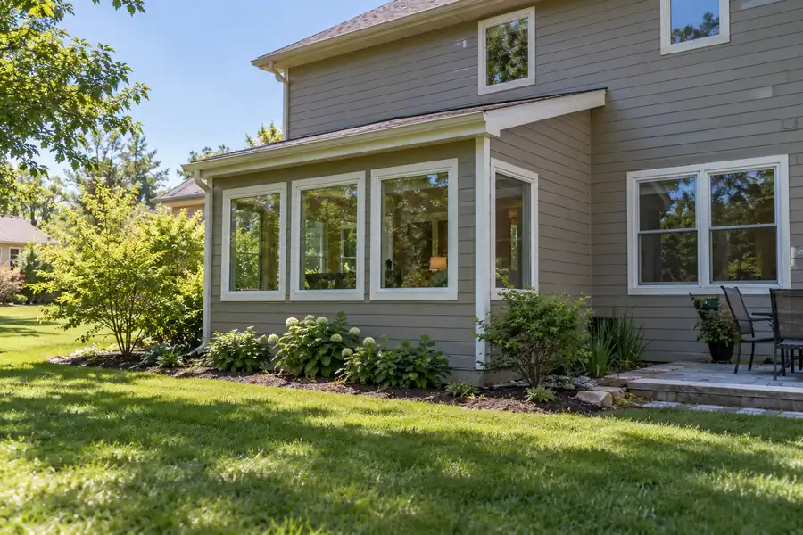Exterior of a Wisconsin home with a small single storey bump out addition, matching siding, a shed roof and new windows