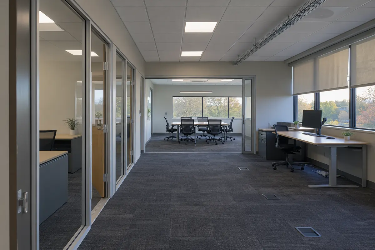 Remodelled office suite with glass fronted private offices, a conference room, acoustic ceiling tile with LED panels and charcoal carpet tile