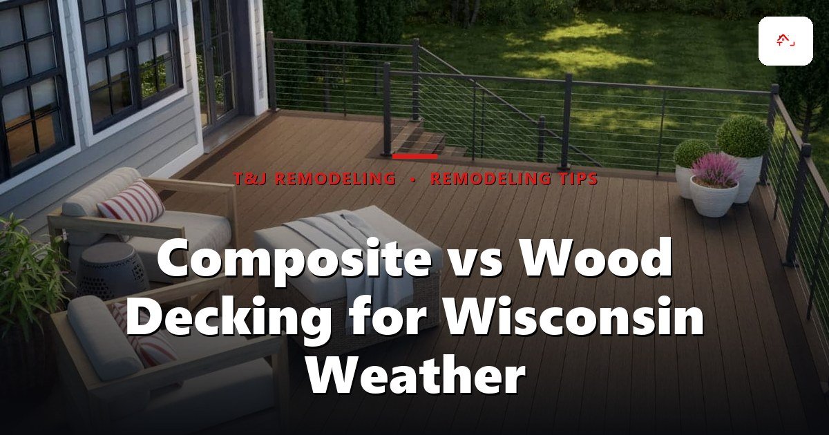 Close-up comparison of composite decking boards next to pressure-treated wood decking boards on a Waukesha County deck in winter