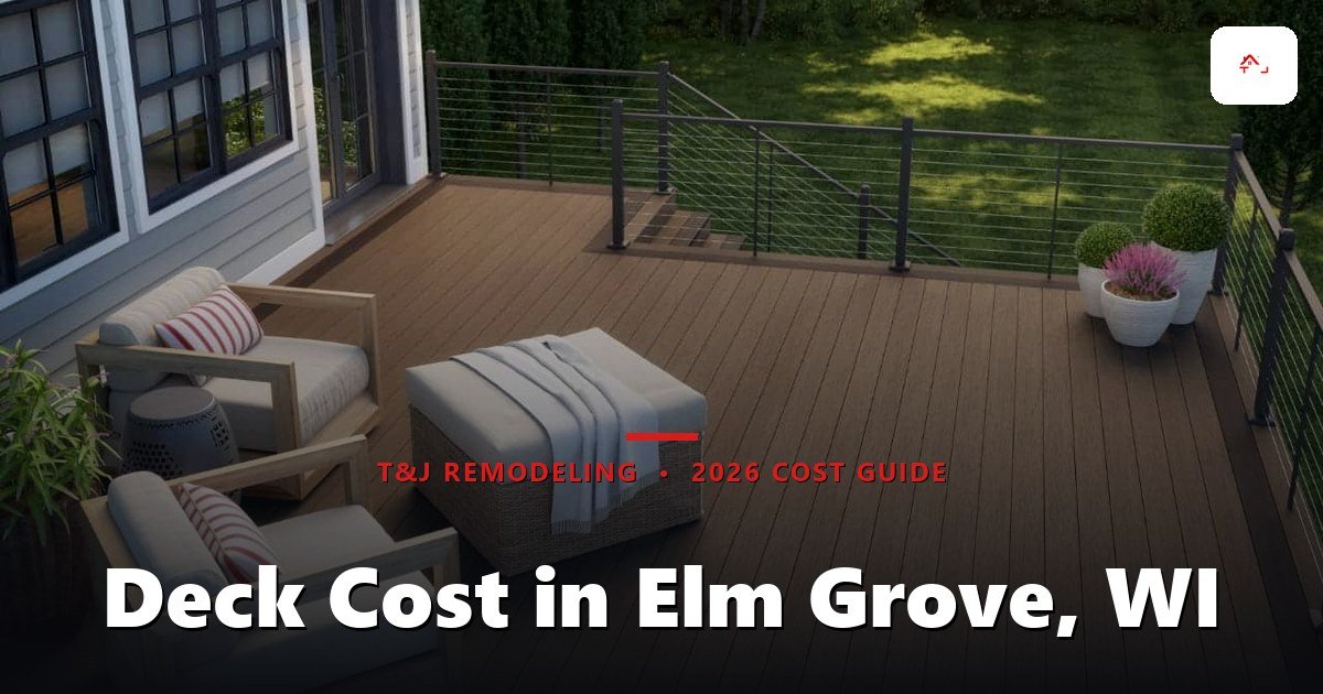 Composite deck installation in an Elm Grove, WI backyard with railing and stairs