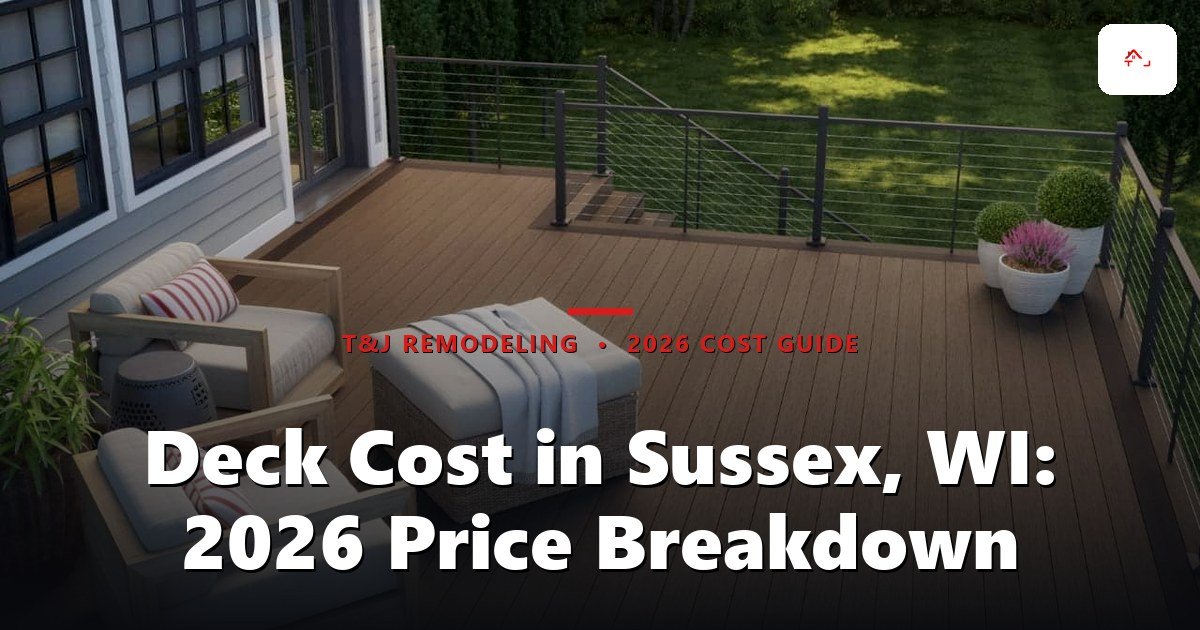Raised composite deck with railing and built-in stairs on a Sussex, WI walkout ranch home