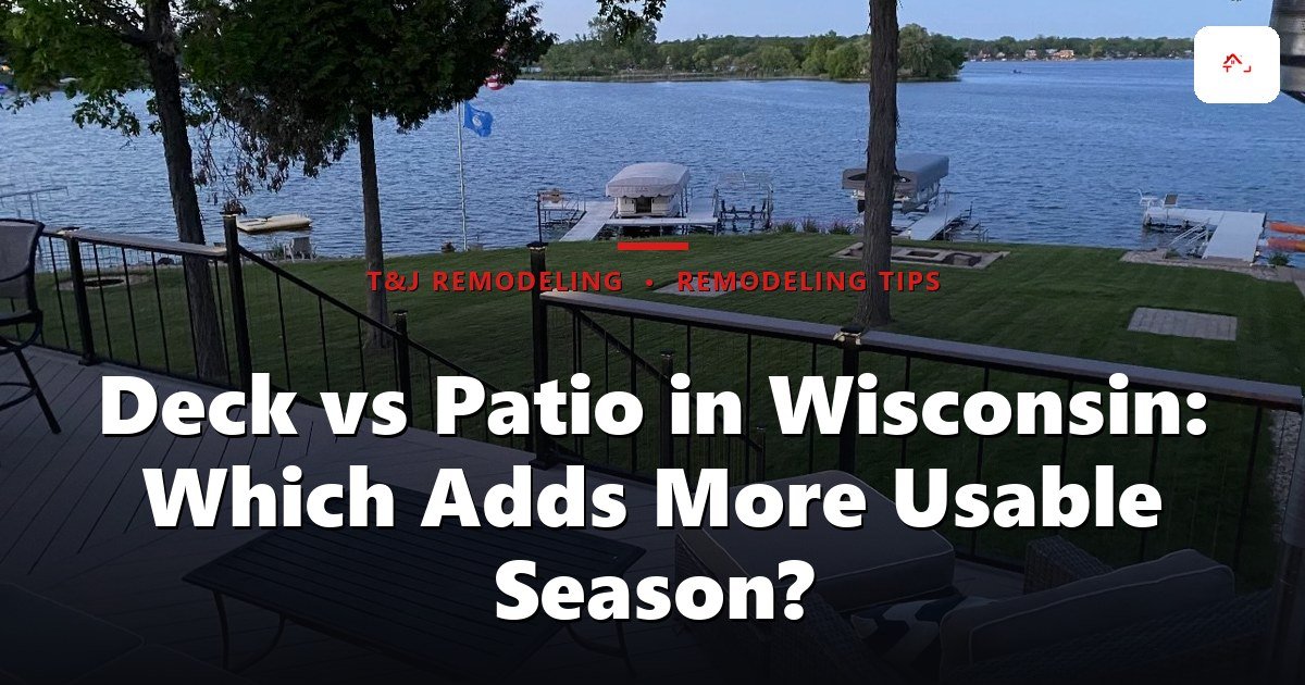 Side-by-side comparison of a composite deck and a paver patio in a Waukesha County backyard