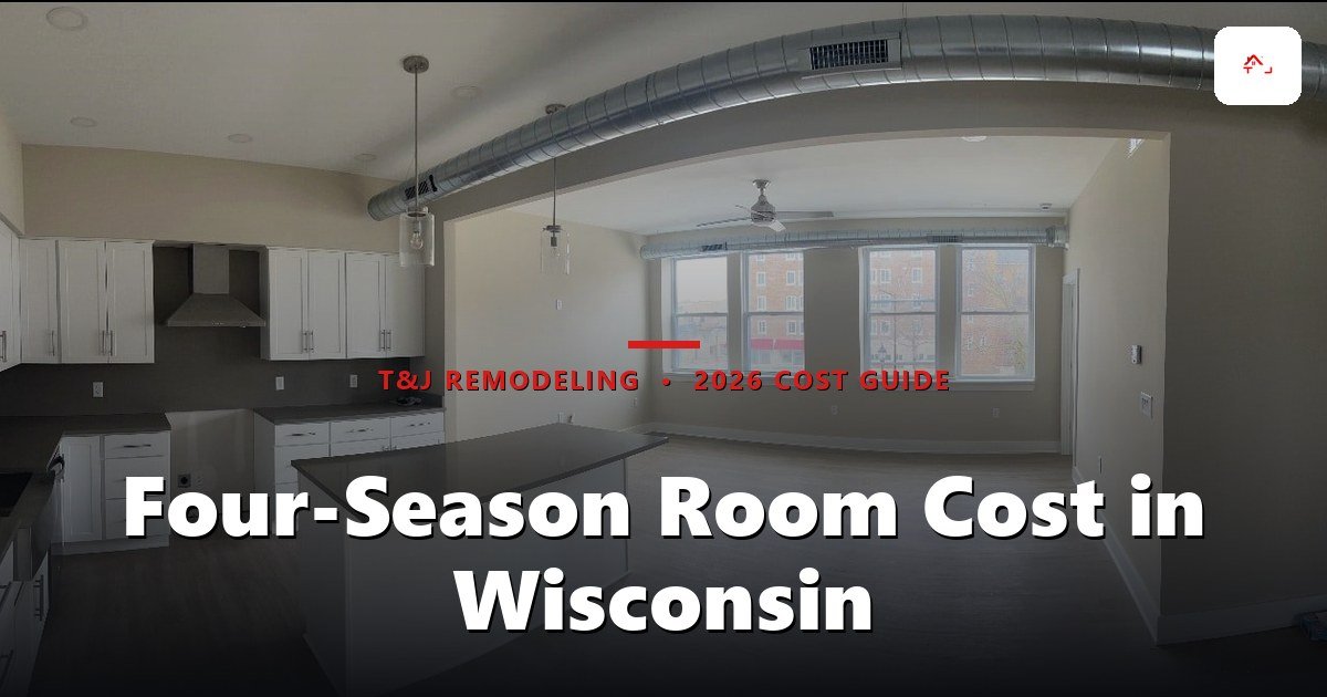 Four-season room addition with knee wall and large windows on a Wisconsin ranch home, tying into the existing roofline