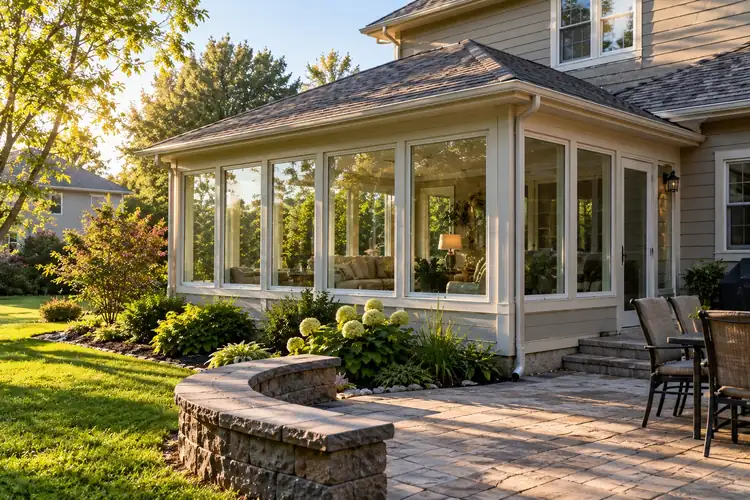 Exterior of a four season sunroom addition on the back of a Wisconsin house with walls of windows and a patio