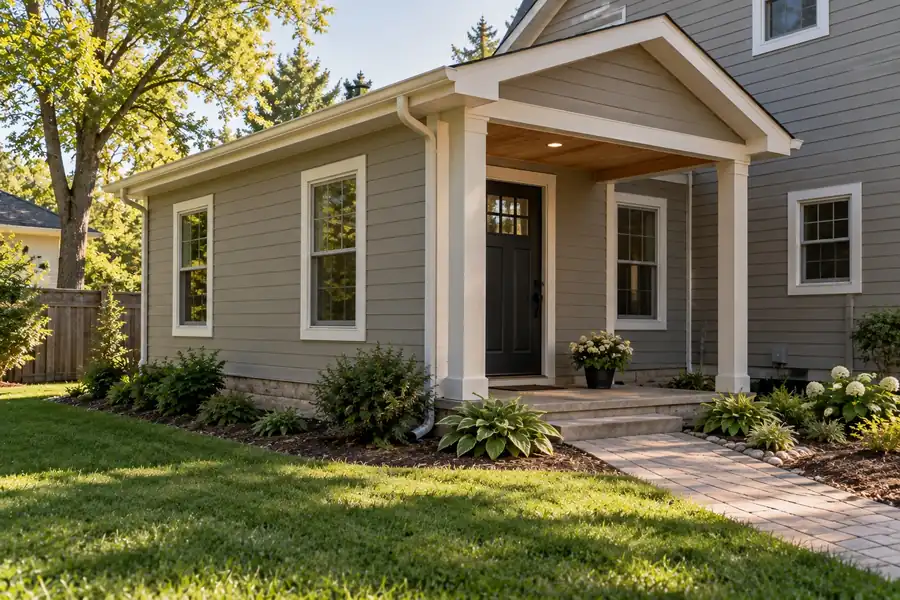 Exterior of an in law suite addition with its own covered private entry door, a paved walk and matching siding