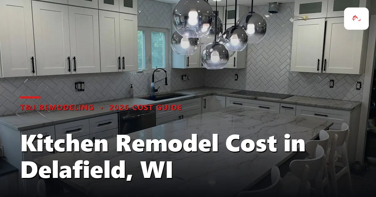 Finished Delafield, WI kitchen remodel with white semi-custom cabinets, quartz countertops, and stainless appliances