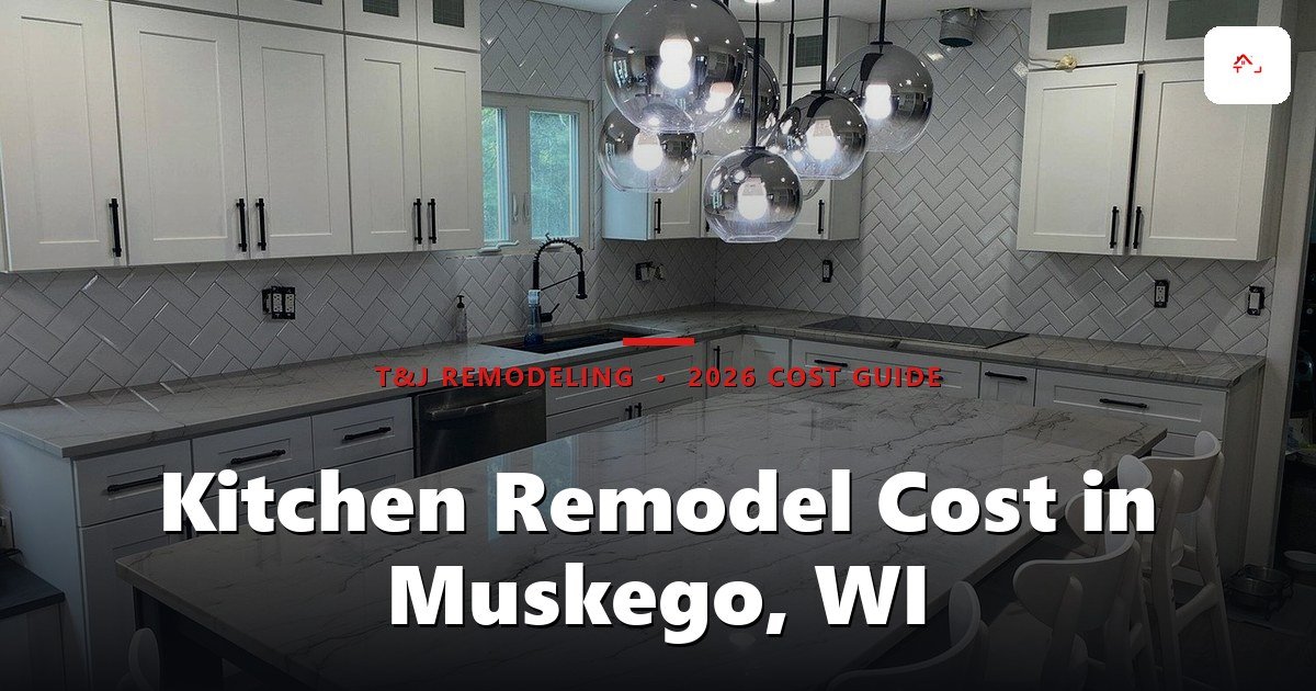 Renovated kitchen in a Muskego, WI home with new cabinets, quartz countertops, and updated lighting