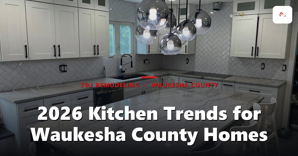 Waukesha County kitchen remodel with warm walnut cabinets, brushed brass hardware, and quartz countertops