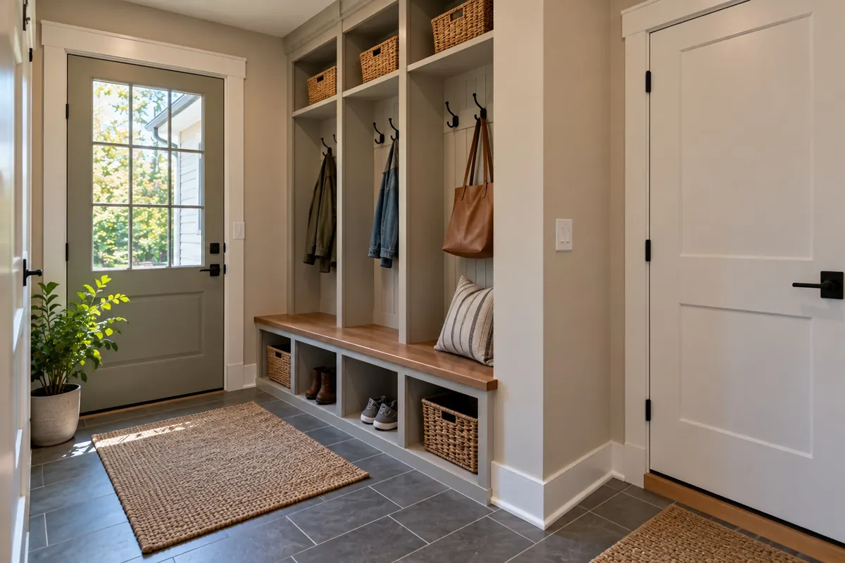 Mudroom addition entry with a bench, cubbies, hooks and a tiled floor with a door to the garage