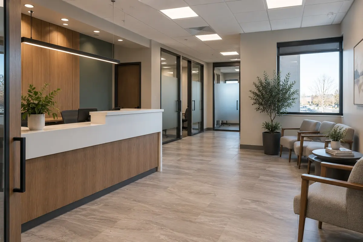 Remodelled professional suite reception with a solid surface topped desk, waiting chairs, frosted glass doors to private rooms and a porcelain plank floor