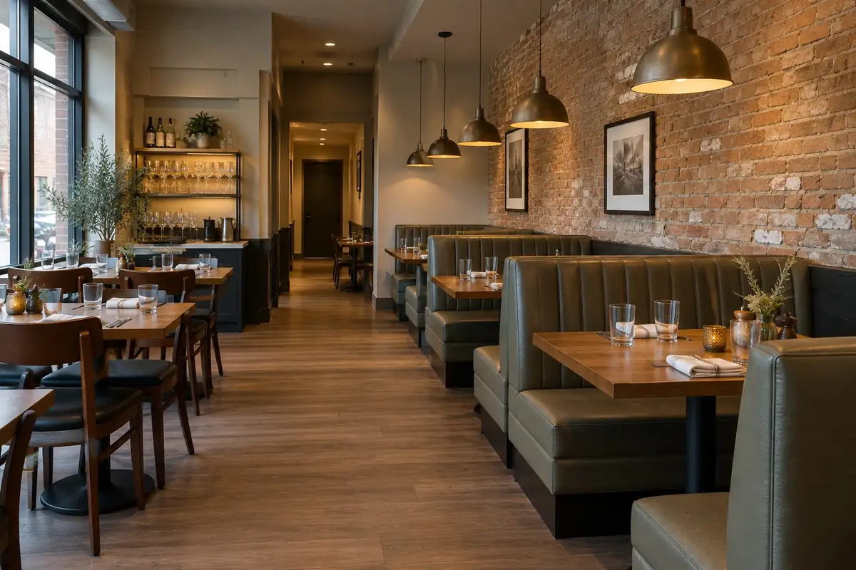 Remodelled restaurant dining room with an exposed brick wall, upholstered booths, wood tables, pendant lights and a wood look vinyl plank floor