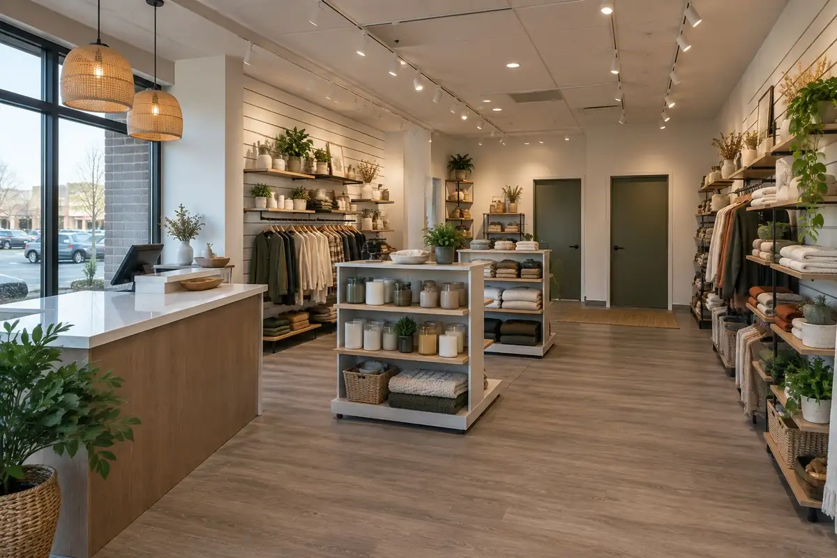 Remodelled retail shop with a quartz topped checkout counter by the storefront, slatwall shelving, low display fixtures, track lighting and a grey vinyl plank floor