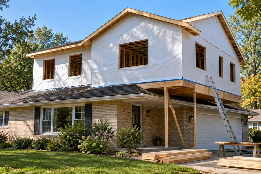 Wisconsin house with a new second story addition framed and sheathed over the original ranch with wrap on