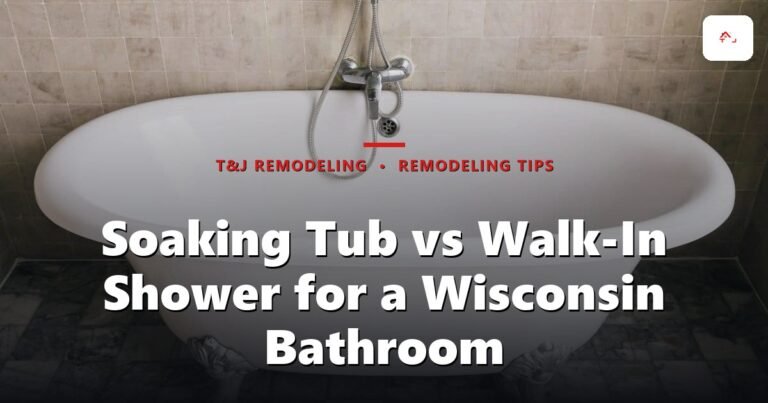 Side-by-side comparison of a curbless walk-in shower and a soaking tub in a remodeled Waukesha County bathroom