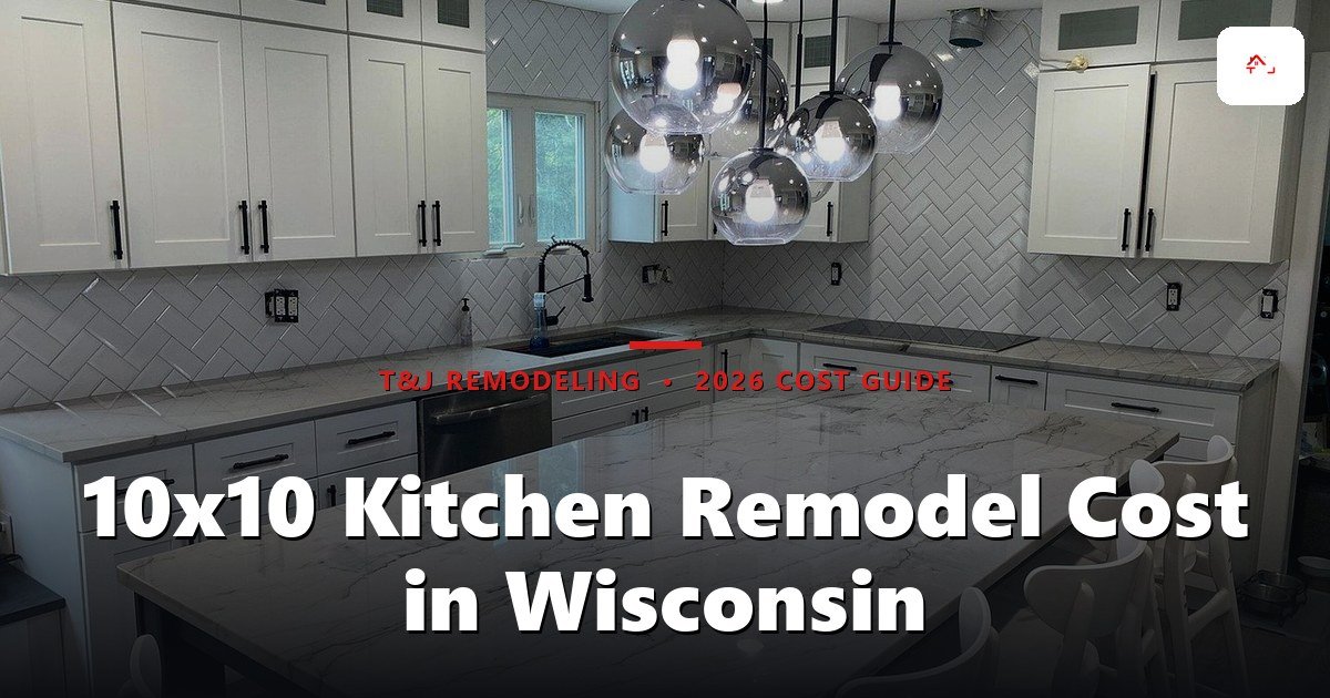 10x10 Kitchen Remodel Cost in Wisconsin - A modern, finished kitchen with white cabinetry, marble countertops, herringbone tile backsplash, and a large island