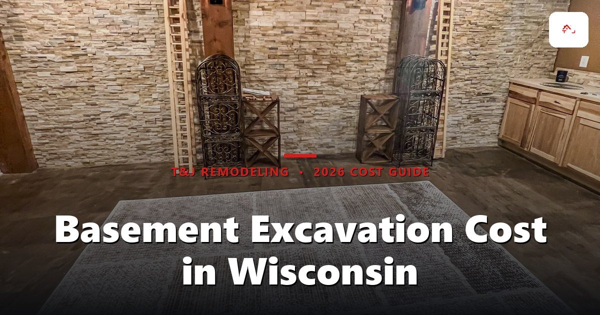 Excavator digging an egress window pit beside a Waukesha County walkout basement foundation