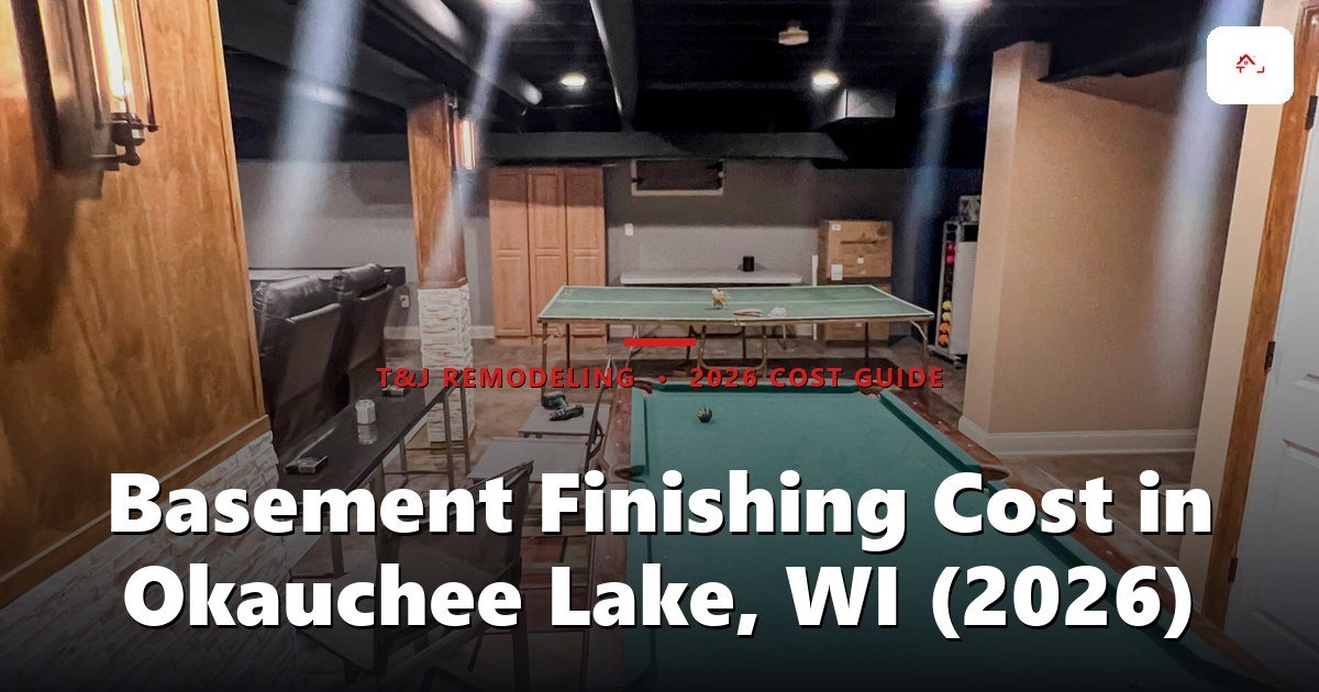 Basement Finishing Cost in Okauchee Lake, WI (2026) - A finished basement recreation room with two pool tables, brick accent wall, wood cabinetry, recessed