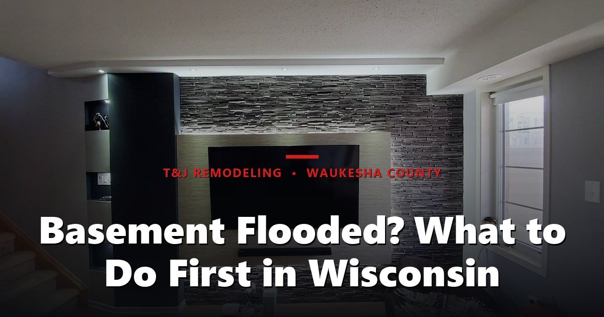Basement Flooded? What to Do First in Wisconsin - Finished basement recreation room with custom built-in entertainment wall featuring mixed tile and wood