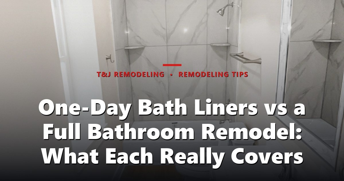 One-Day Bath Liners vs a Full Bathroom Remodel: What Each Really Covers - A newly remodeled bathroom with marble tile shower enclosure, white vanity, toilet
