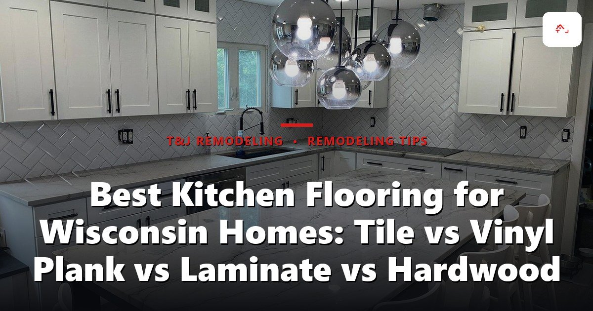 Best Kitchen Flooring for Wisconsin Homes: Tile vs Vinyl Plank vs Laminate vs Hardwood - A modern, finished kitchen with white cabinetry, marble countertops