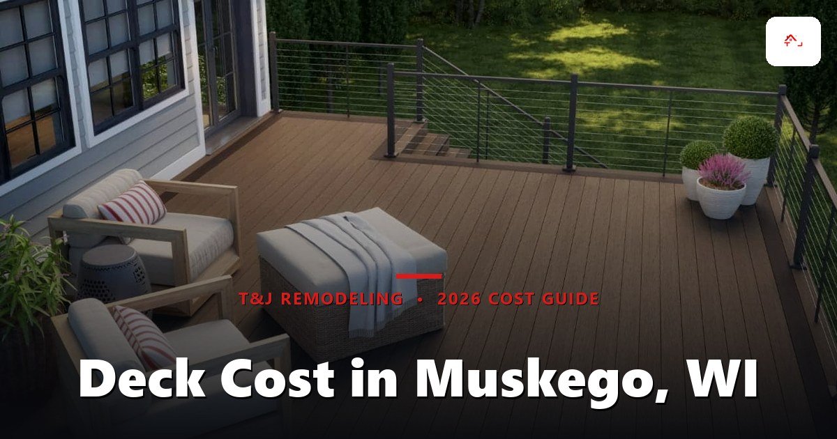 Composite deck build on a sloped Muskego lake lot with new footings and railing posts