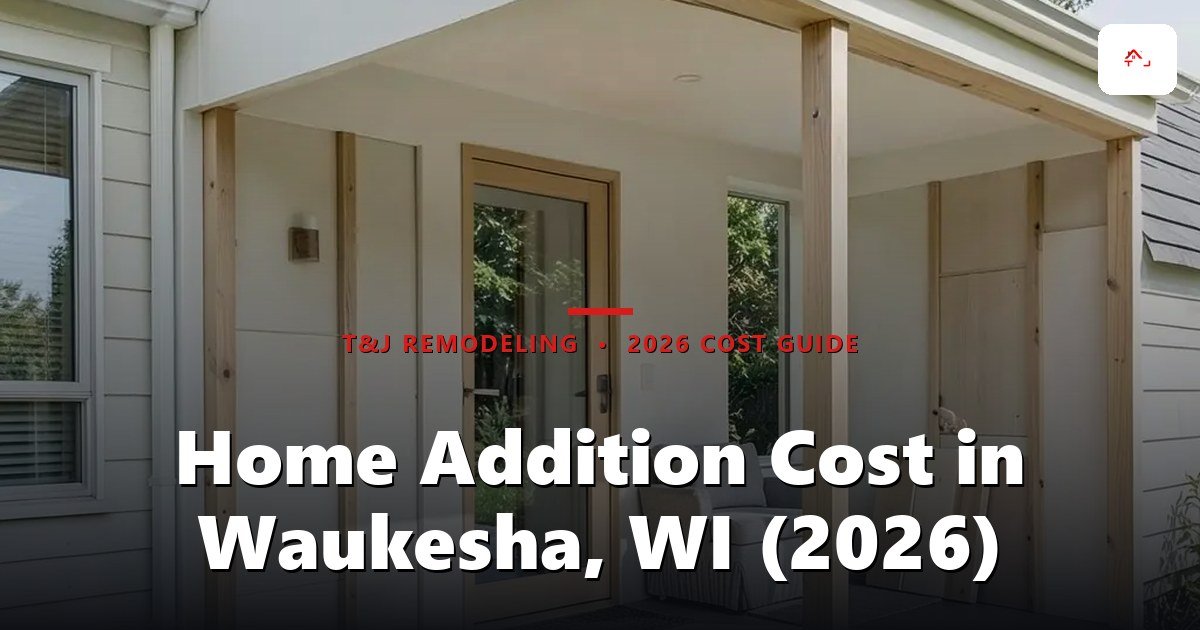 Home Addition Cost in Waukesha, WI (2026) - Modern covered porch addition with natural wood posts, white ceiling, glass sliding doors, and composite decking