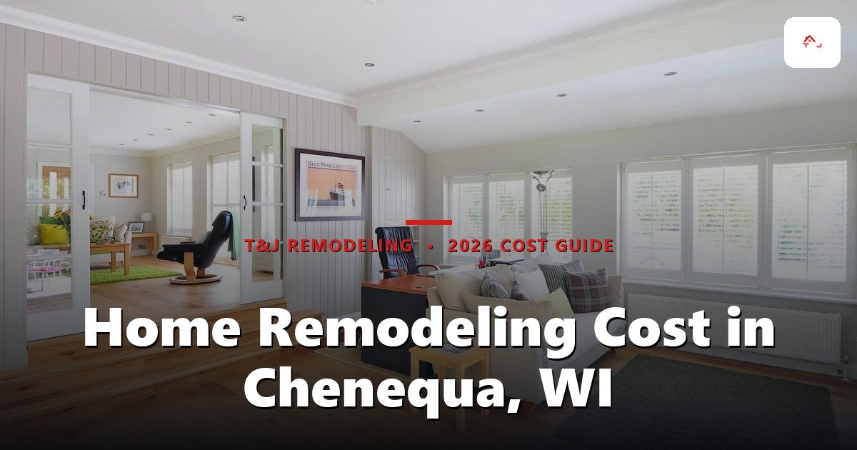 Home Remodeling Cost in Chenequa, WI - Bright, open-plan living room with hardwood flooring, white coffered ceiling, large windows with shutters, and a view