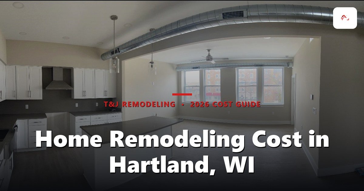 Home Remodeling Cost in Hartland, WI - Open-plan kitchen and living area with white cabinetry, island with dark countertop, exposed ductwork, and large windows