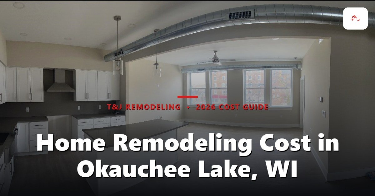 Home Remodeling Cost in Okauchee Lake, WI - Open-plan kitchen and living area with white cabinetry, island with dark countertop, exposed ductwork, and large
