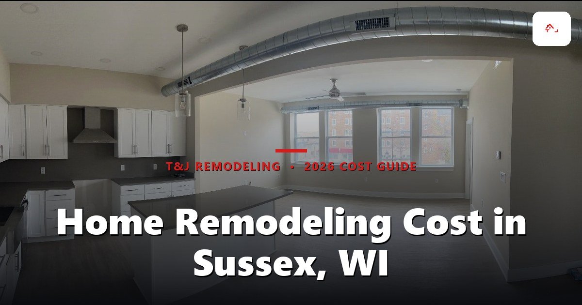Home Remodeling Cost in Sussex, WI - Open-plan kitchen and living area with white cabinetry, island with dark countertop, exposed ductwork, and large windows
