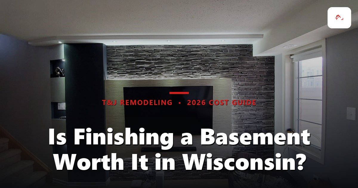 Is Finishing a Basement Worth It in Wisconsin? - Finished basement recreation room with custom built-in entertainment wall featuring mixed tile and wood accent