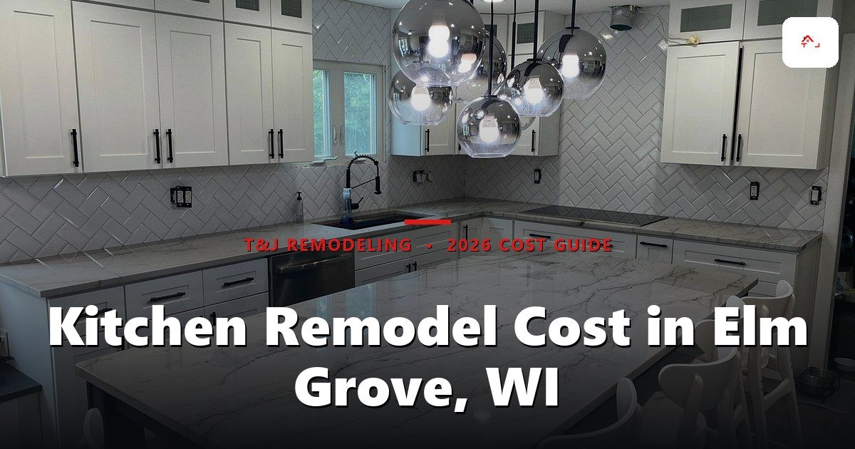 Kitchen Remodel Cost in Elm Grove, WI - A modern, finished kitchen with white cabinetry, marble countertops, herringbone tile backsplash, and a large island