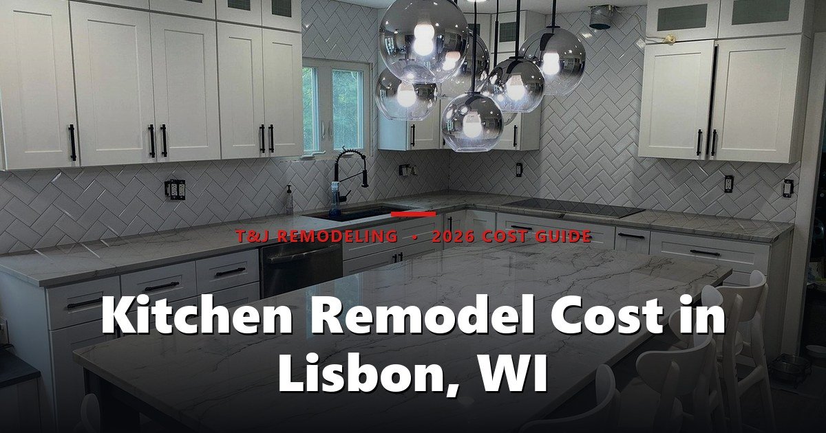 Kitchen Remodel Cost in Lisbon, WI - A modern, finished kitchen with white cabinetry, marble countertops, herringbone tile backsplash, and a large island with